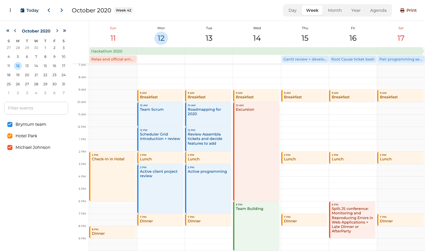 Bryntum Calendar showing a week view with color-coded events