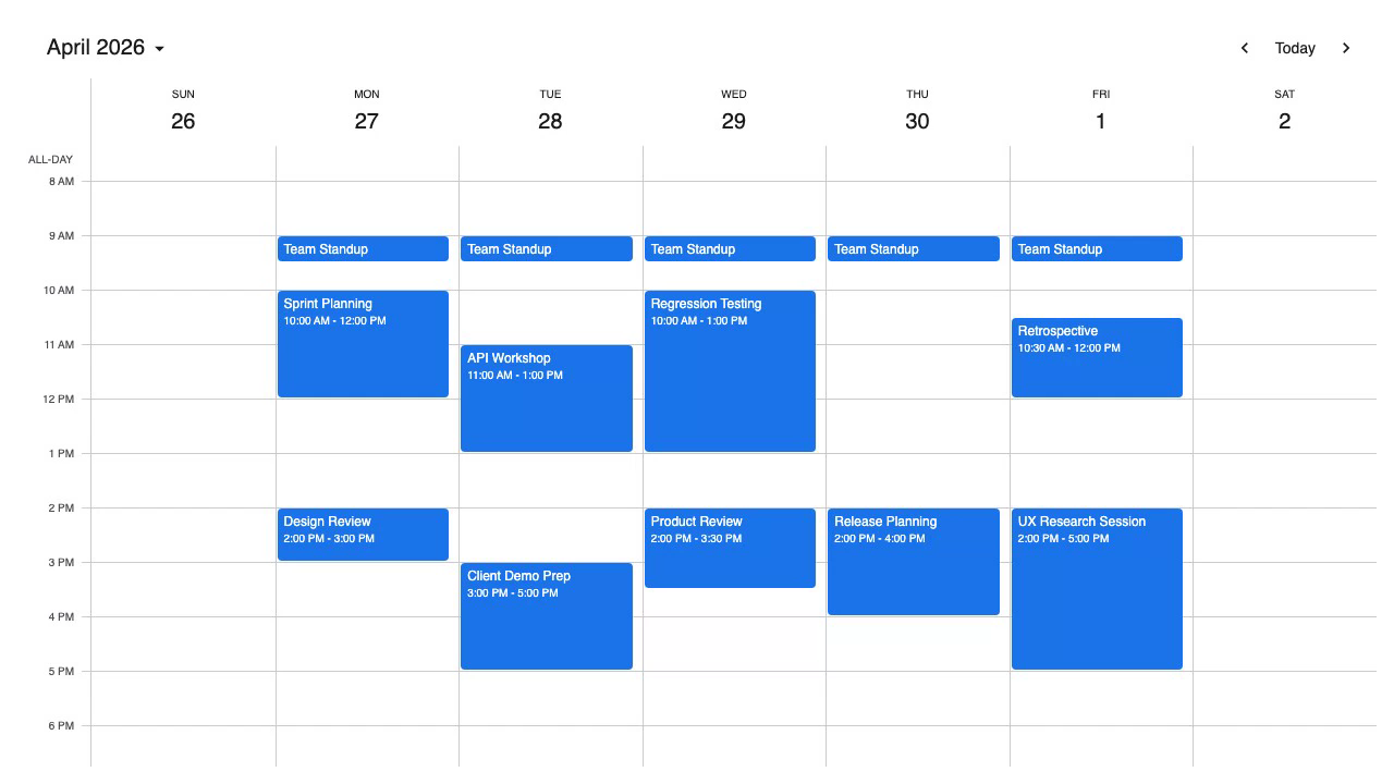 Mobiscroll Event Calendar showing a week scheduler view with color-coded events across April 27 to May 1