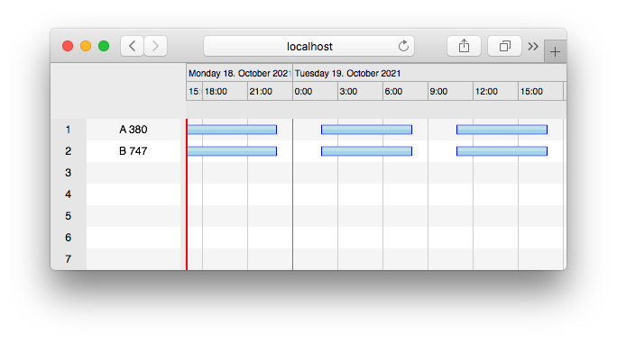 ScheduleJS Gantt showing two aircraft resources with canvas-rendered activity bars across a day timeline